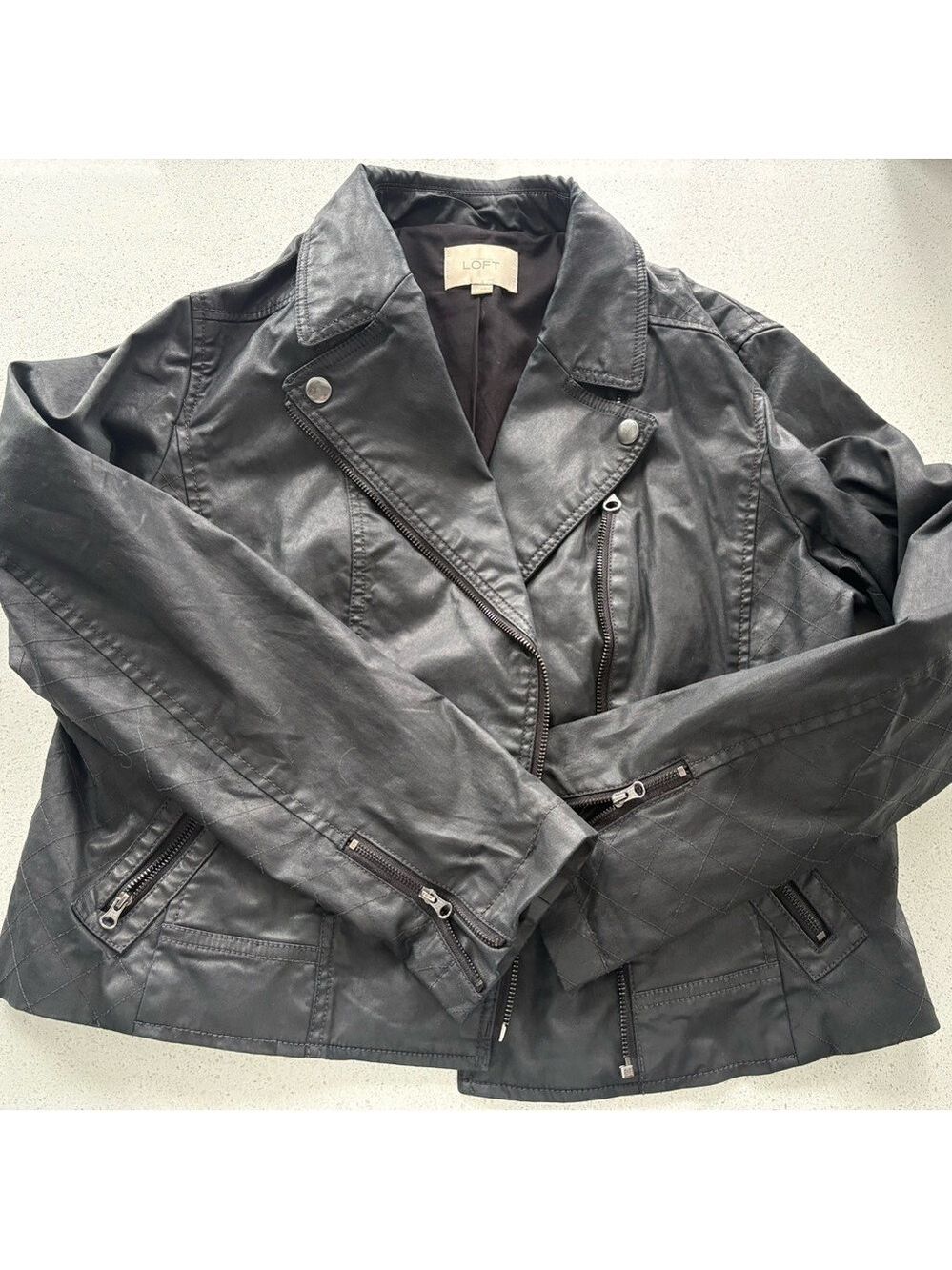 LOFT black faux leather motto Jacket